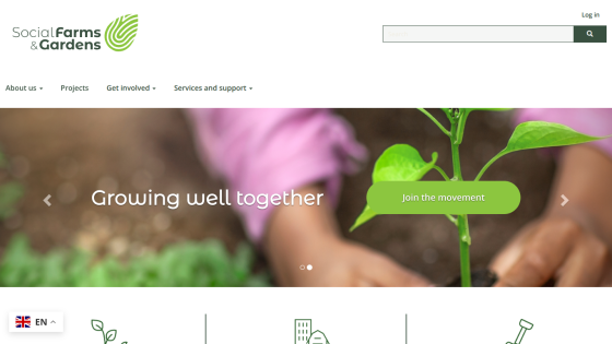 Social Farms & Gardens website with navigation and hero section promoting community growing with 'Growing well together' and join button
