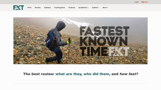 Website header with navigation and hero image of a hiker on rocky terrain with text 'Fastest Known Time FKT' and tagline about best routes