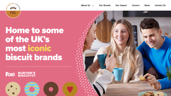 Homepage of Fox's Burton's Biscuit Co featuring UK biscuit brands and people enjoying biscuits