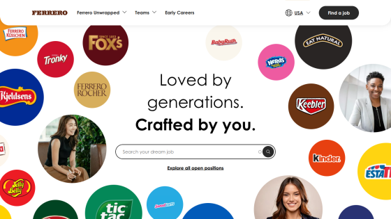 Job search page with Ferrero brand logos and slogan 'Loved by generations. Crafted by you.'