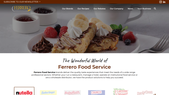 Ferrero Food Service homepage with a dessert image, navigation menu, and introductory text about quality taste experiences