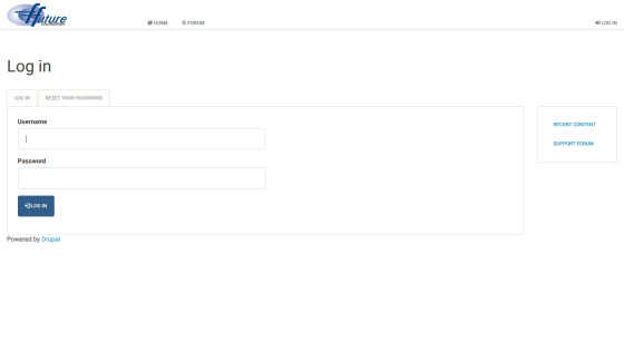 Login page with username and password fields, log in button, and links to recent content and support forum