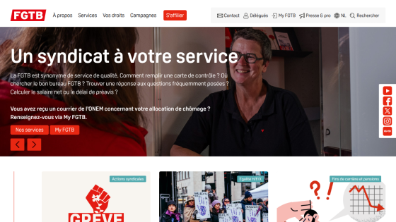 FGTB union website offering quality service with navigation links and calls to action for services and My FGTB