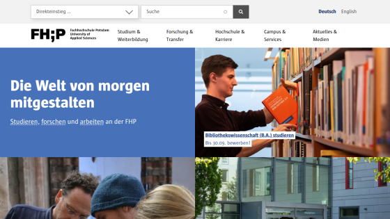 Homepage of FH P with a focus on future studies and collaboration, featuring a student holding a book.