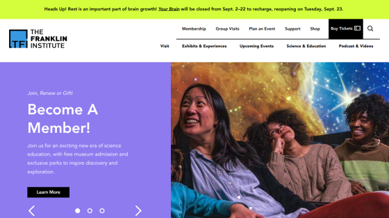 Franklin Institute homepage promoting membership with engaging visuals and call-to-action button.