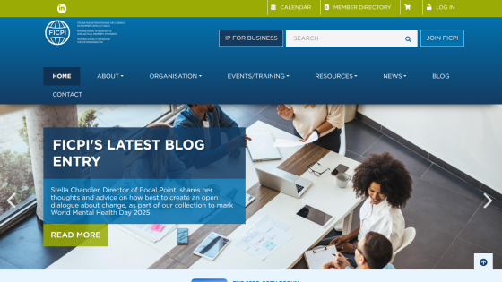 FICPI homepage featuring navigation, search bar, and latest blog entry on open dialogue for World Mental Health Day 2025