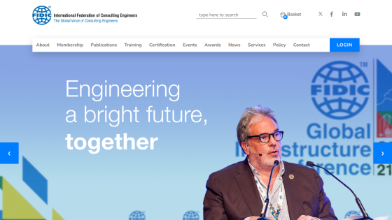 International Federation of Consulting Engineers homepage with navigation and hero text 'Engineering a bright future, together' and speaker image.