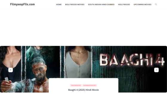 Homepage of FilmywapFlix featuring Baaghi 4 movie promotion.