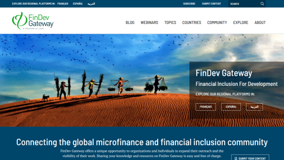 FinDev Gateway homepage connecting global microfinance and financial inclusion community with regional platforms in French, Spanish, and Arabic