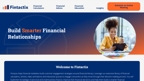 Fintactix homepage with navigation, headline 'Build Smarter Financial Relationships', and image of woman using tablet