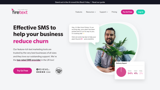 FireText homepage promoting effective SMS to reduce business churn with features, reviews, and call to action buttons