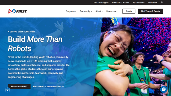FIRST youth robotics community promoting STEM learning, teamwork, and innovation with smiling students celebrating