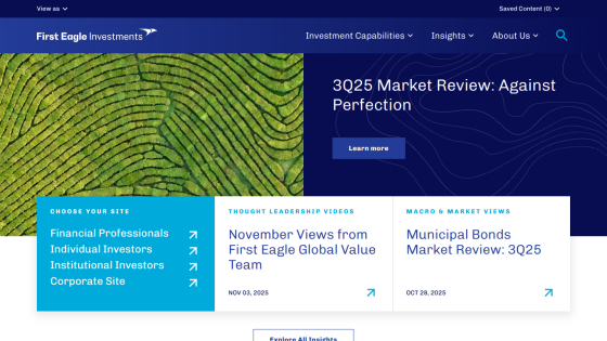 First Eagle Investments homepage featuring 3Q25 Market Review and links for financial professionals, investors, and market insights.