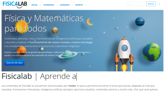 Fisicalab homepage offering physics and math content with AI tools, simulations, and exercises for all levels