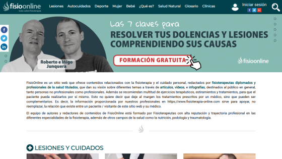 Website header with navigation and hero section titled 'Las 7 claves para resolver tus dolencias y dolores comprendiendo sus causas' with a call to action button