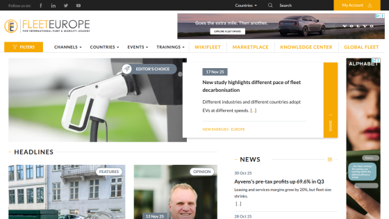 Fleet Europe homepage with navigation, featured article on fleet decarbonisation, headlines, and news sections