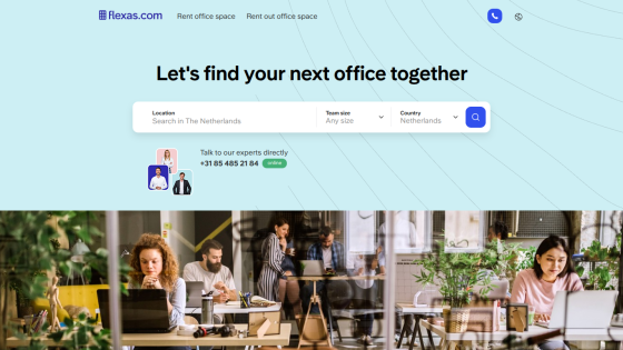 flexas.com homepage with office space search bar and contact info, showing people working in a modern office environment