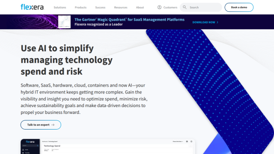 AI solutions for managing technology spend and risk, with a call to action button.