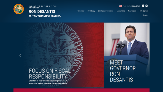 Official website of Ron DeSantis featuring fiscal responsibility message and a photo of the governor.