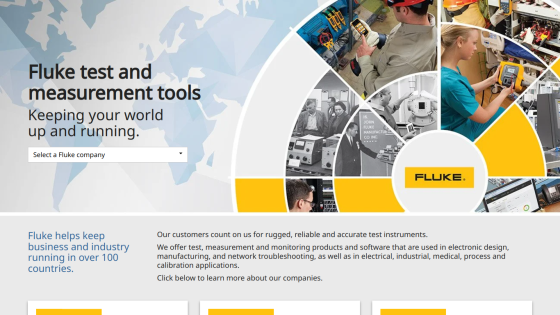 Fluke homepage showcasing test and measurement tools with a world map background.