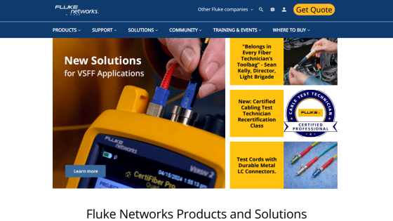Fluke Networks homepage featuring new solutions for VSFF applications and product highlights.