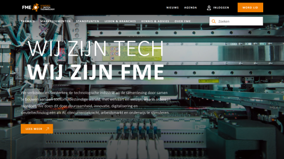 FME website homepage with navigation menu, search bar, and hero text about connecting and strengthening the tech industry