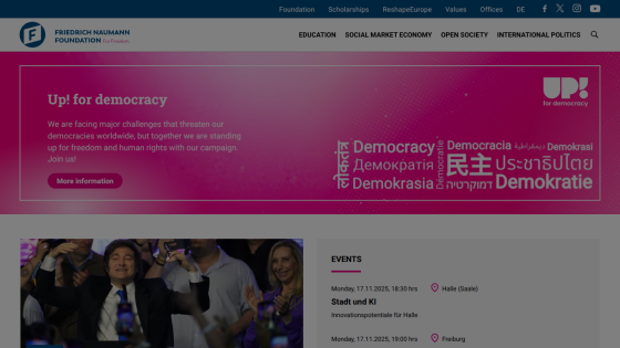 Friedrich Naumann Foundation homepage promoting democracy campaign with event listings and navigation menu