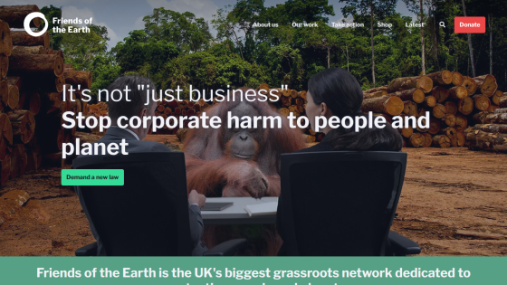 Campaign message against corporate harm with a background of deforestation.