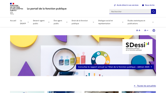 French public service portal homepage with navigation menu and annual public service report banner