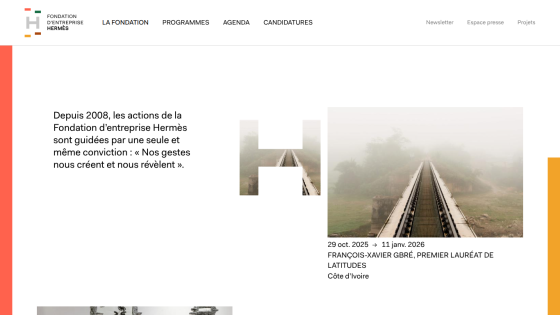 Fondation d'entreprise Hermès homepage with navigation, mission statement since 2008, and featured event by François-Xavier Gbré