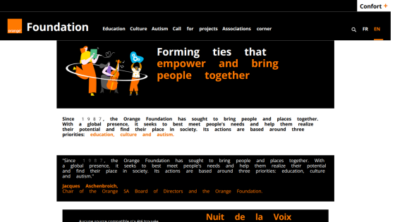 Orange Foundation website with navigation and hero text about empowering people through education, culture, and autism
