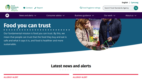 Homepage of the Food Standards Agency emphasizing trust in food safety.