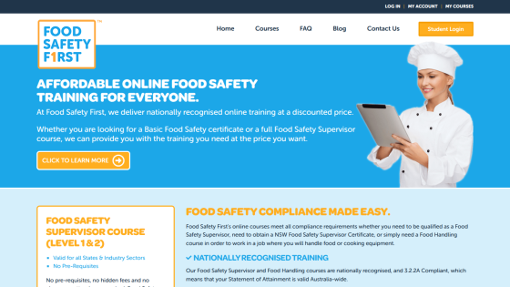 Homepage offering affordable online food safety training with courses and login options