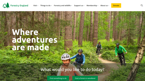 Homepage of Forestry England featuring cyclists in a forest with a prompt for activities.