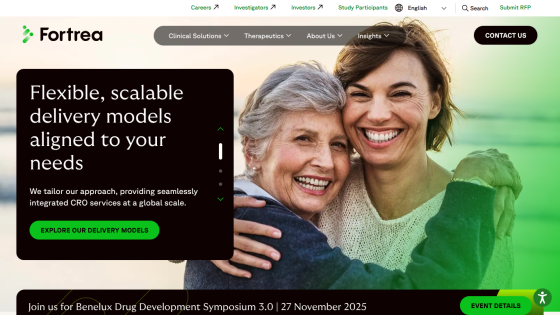 Fortrea website with headline about flexible, scalable delivery models and smiling older and younger women embracing