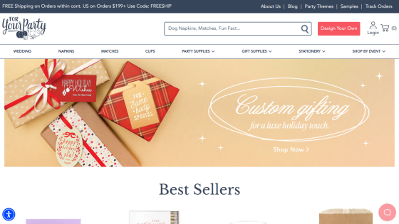 Website header with navigation and a hero section promoting custom gifting for the holiday season