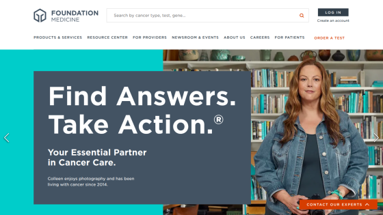 Foundation Medicine homepage featuring a woman and text about cancer care services.