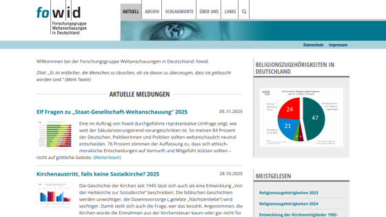 Homepage of Forschungsgruppe Weltanschauungen in Deutschland with news on societal worldview survey and church exit topics, plus religious affiliation chart