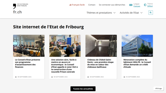 Homepage of the State of Fribourg featuring news articles and images.