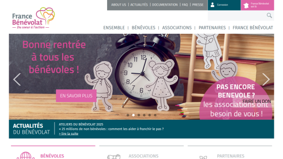 France Bénévolat homepage with volunteer welcome message, navigation links, and news highlights