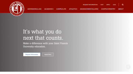 Saint Francis University homepage with navigation and call to action to request information or apply