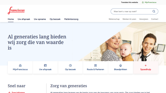 Franciscus healthcare website with navigation menu, search bar, and hero section stating long-standing valuable care with image of mother, baby, and doctor