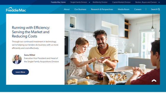 Homepage featuring a family discussing efficiency in business with a call to action.