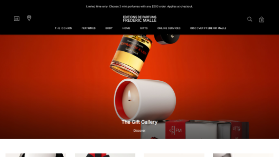Frederic Malle perfume website with navigation menu and gift gallery hero section featuring a candle and perfume bottle