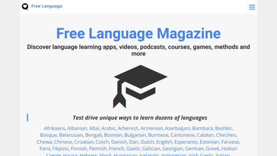 Free Language Magazine homepage featuring language learning resources and a list of languages to explore