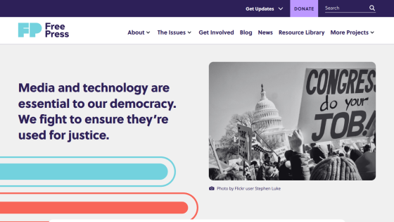 Website promoting media and technology for democracy with a call to action.