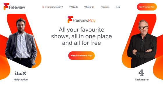 Homepage of Freeview Play showcasing TV shows available for free.