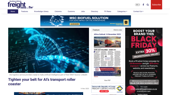 Southern Africa's Freight News homepage with AI transport article, Africa Outlook feature, and Black Friday ad
