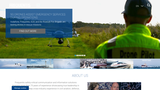 Website hero section about 5G drones assisting emergency services with navigation and language options