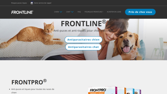 Frontline anti-flea and tick treatment for dogs and cats with options for dog and cat antiparasitic products